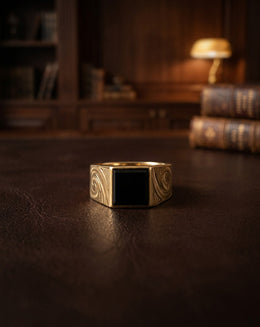 Men's Square Black Onyx Ring with Engraved Scroll Sides in 10k Yellow Gold