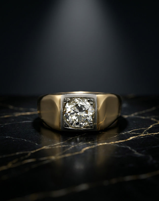 Men's Approximately 2ct Round Brilliant Diamond Solitaire Ring with Polished Sides in 10k Yellow Gold — lifestyle photography
