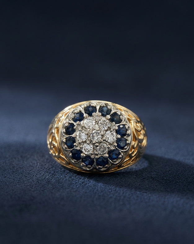 Sapphire and 1/2cttw Diamond Kentucky Cluster Ring in 14k Yellow Gold