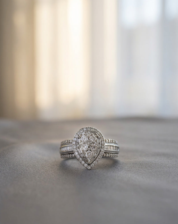 1cttw Pear Shaped Diamond Cluster Halo Ring in 14k White Gold