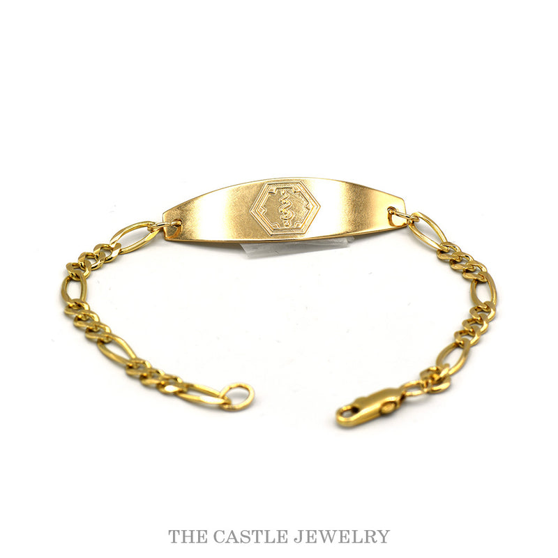 Full length view of the 14k yellow gold medical ID bracelet showing the alert plate, figaro chain and lobster clasp