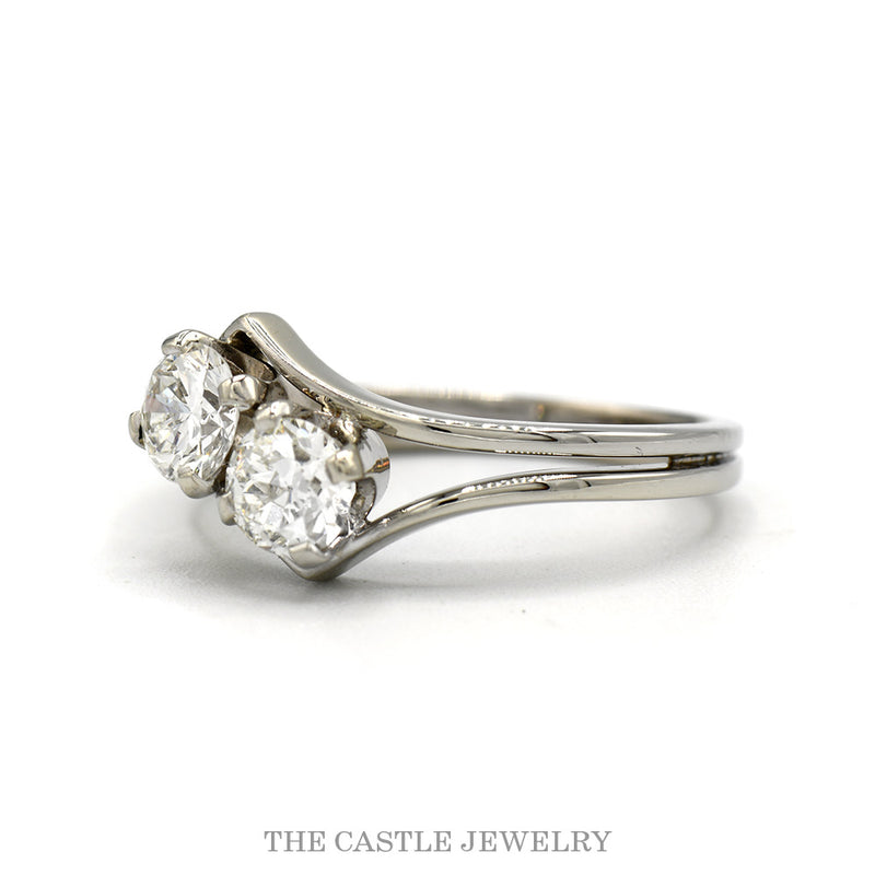 Side profile of the 14k white gold double diamond bypass ring showing the split shank