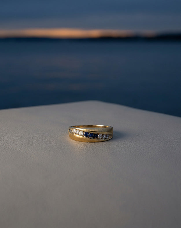 Men's Sapphire and 1/2cttw Diamond Diagonally Nick Set Band with Brushed 14k Yellow Gold Sides