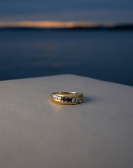 Men's Sapphire and 1/2cttw Diamond Diagonally Nick Set Band with Brushed 14k Yellow Gold Sides