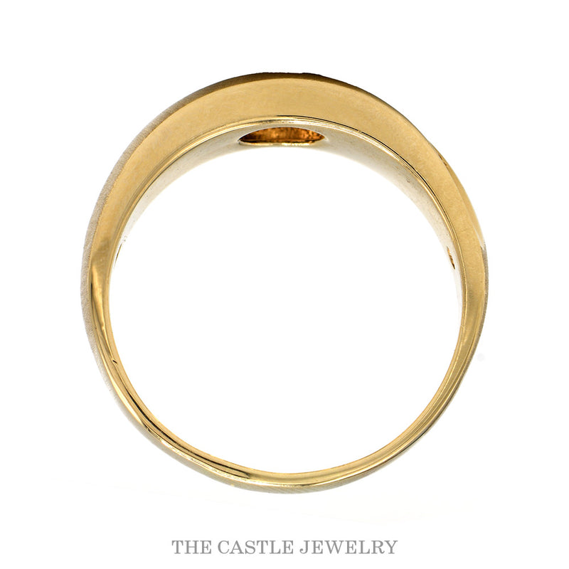 Front-facing view of the sapphire and 1/2cttw diamond band in brushed 14k yellow gold