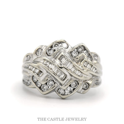 10k white gold round and baguette diamond multi row bypass band — top view