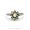 14k white gold blue, yellow and white diamond flower cluster ring — top view - Thumbnail 1