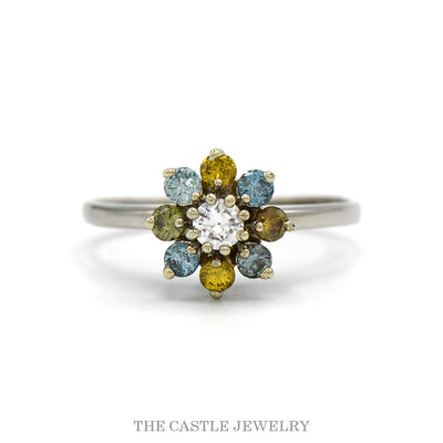 14k white gold blue, yellow and white diamond flower cluster ring — top view