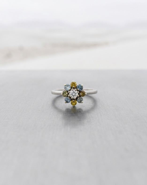 1/2cttw Alternating Blue & Yellow Diamond Flower Cluster Ring in 14k White Gold