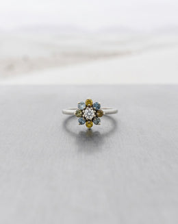 1/2cttw Alternating Blue & Yellow Diamond Flower Cluster Ring in 14k White Gold