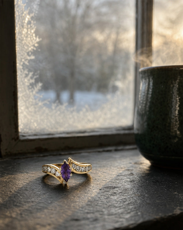 Marquise Amethyst Bypass Ring with .50cttw Channel-Set Diamonds in 10k Yellow Gold