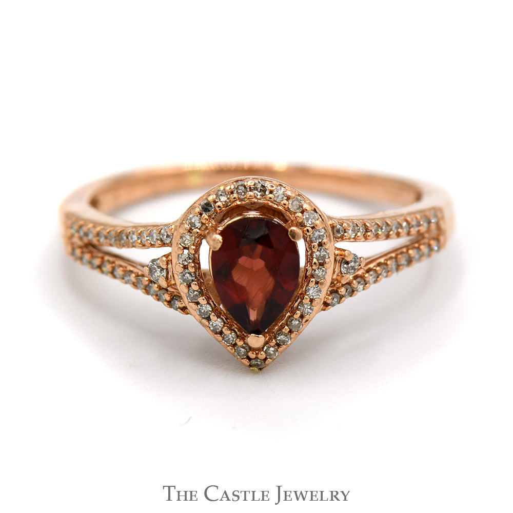 Pear Cut Garnet Ring with Diamond Halo and Accented Split Shank Sides in 10k Rose Gold