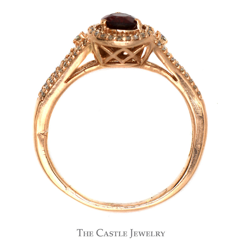 Pear Cut Garnet Ring with Diamond Halo and Accented Split Shank Sides in 10k Rose Gold