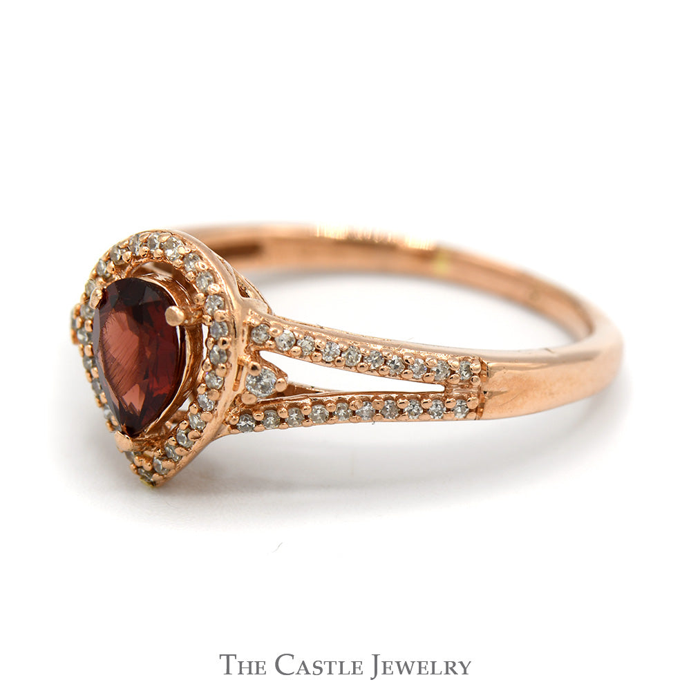 Pear Cut Garnet Ring with Diamond Halo and Accented Split Shank Sides in 10k Rose Gold