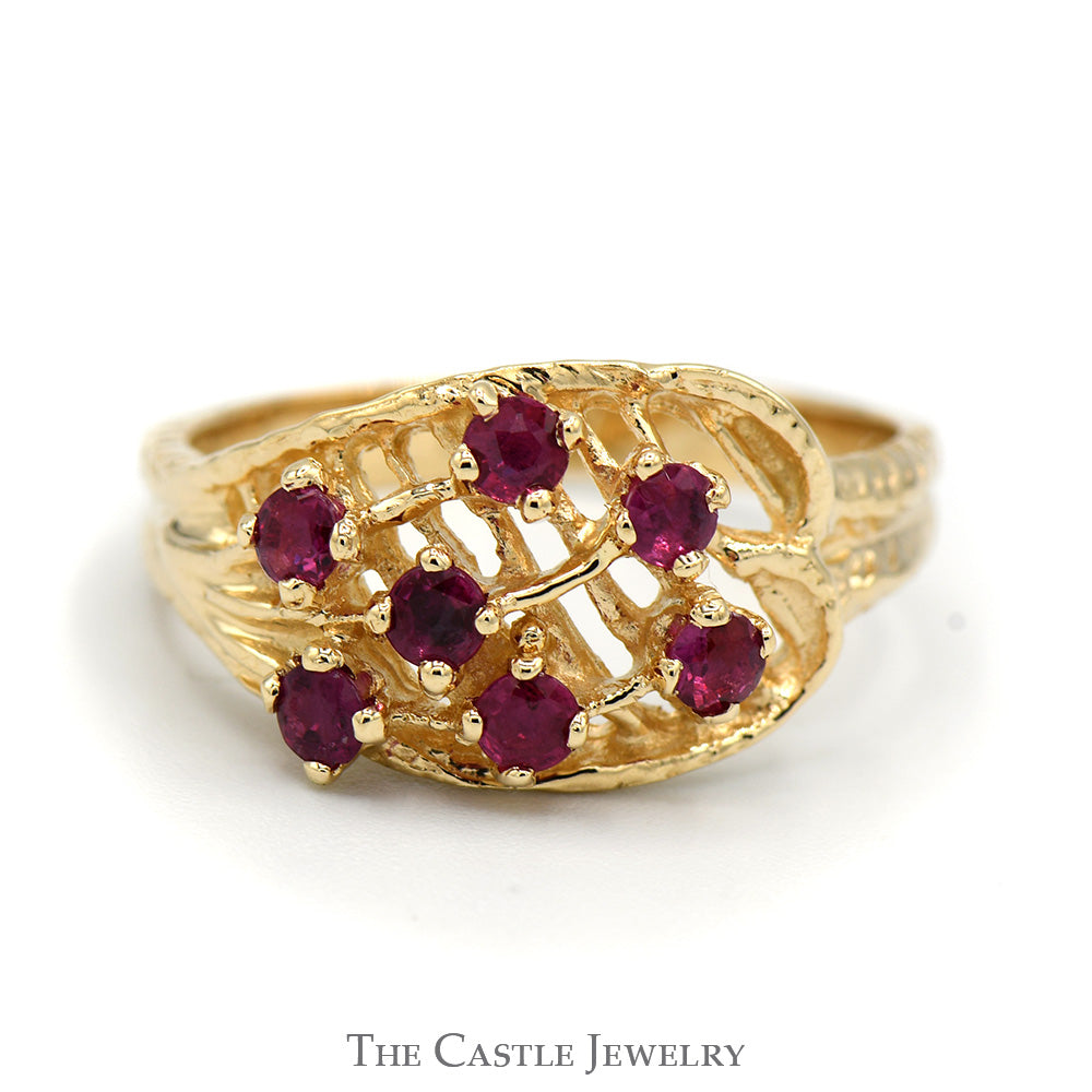 Round Ruby Cluster Ring with Open Floral Design in 14k Yellow Gold
