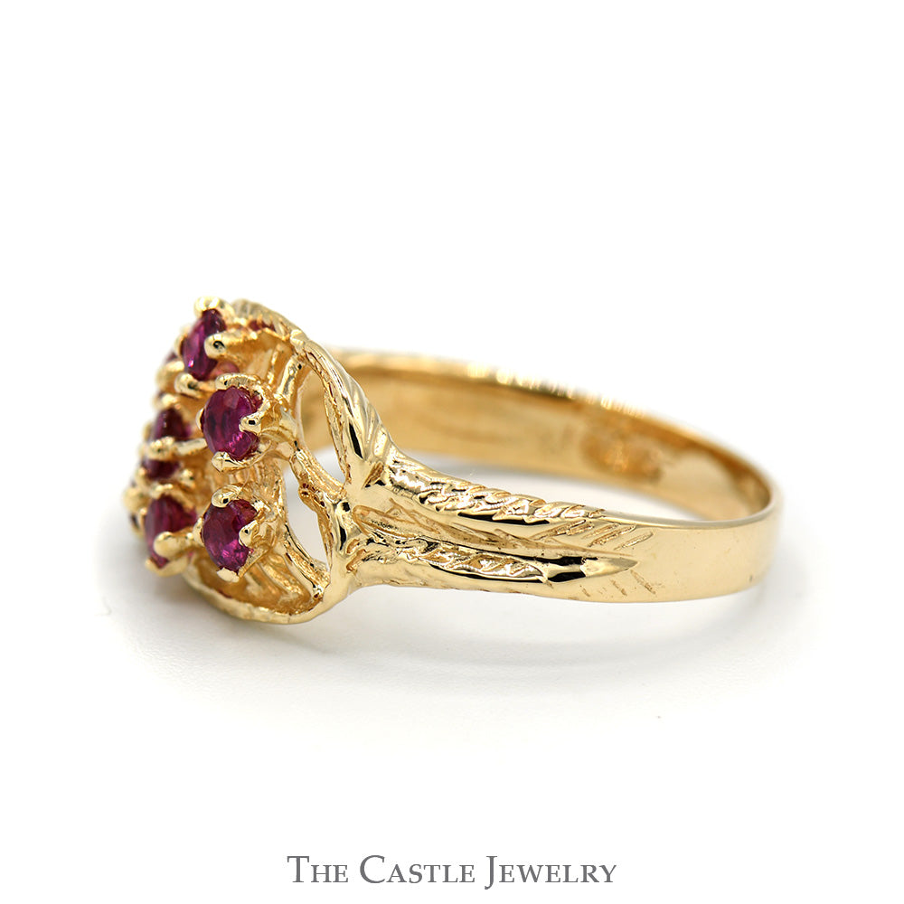 Round Ruby Cluster Ring with Open Floral Design in 14k Yellow Gold