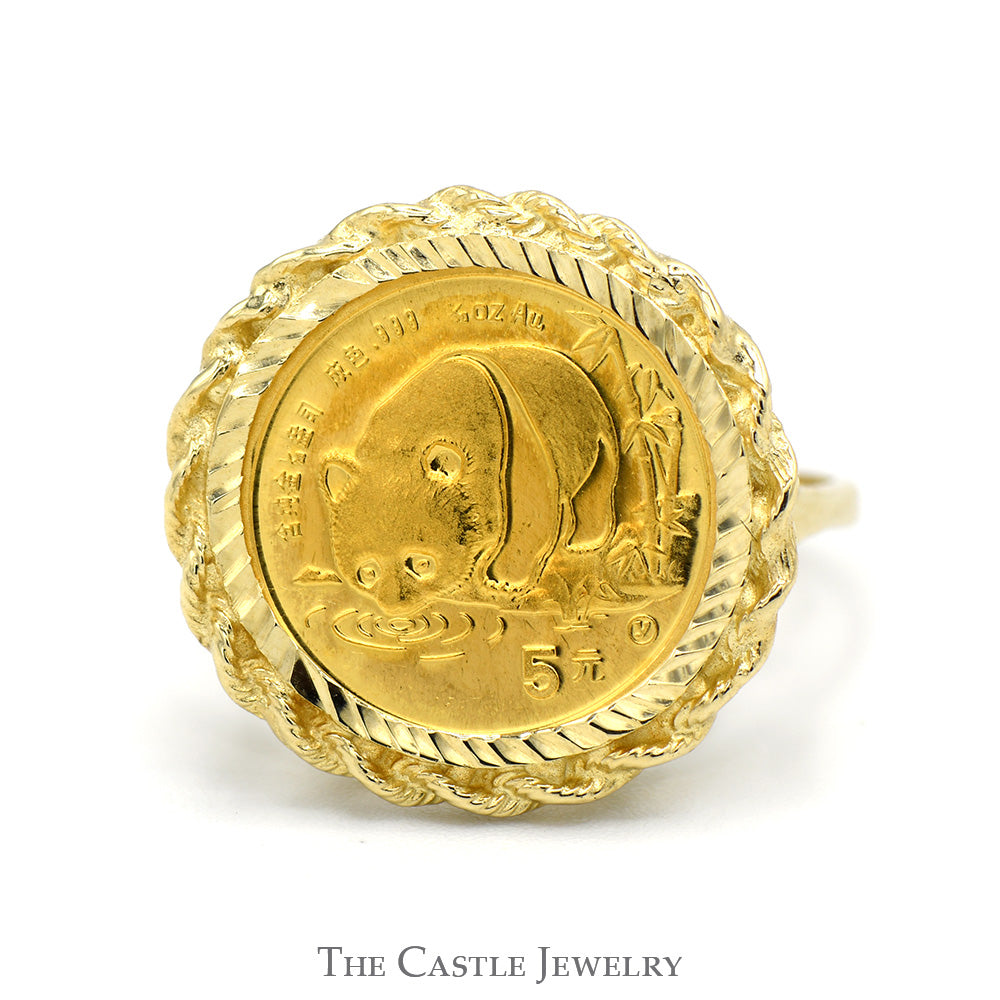 24K Gold 1987 Panda Coin Ring in 14k Yellow Gold Rope Designed Bezel Mount