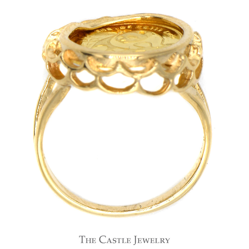 24K Gold 1990 Panda Coin Ring in 10k Yellow Gold Scalloped Designed Be ...