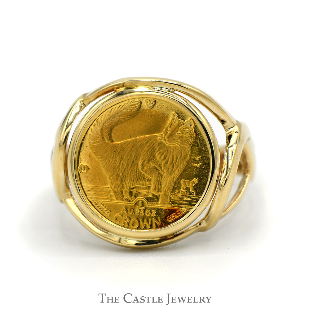 24K Gold 1991 Isle of Man Elizabeth II Norwegian Forest Cat Coin Ring in 14k Yellow Gold Open Twist Mounting
