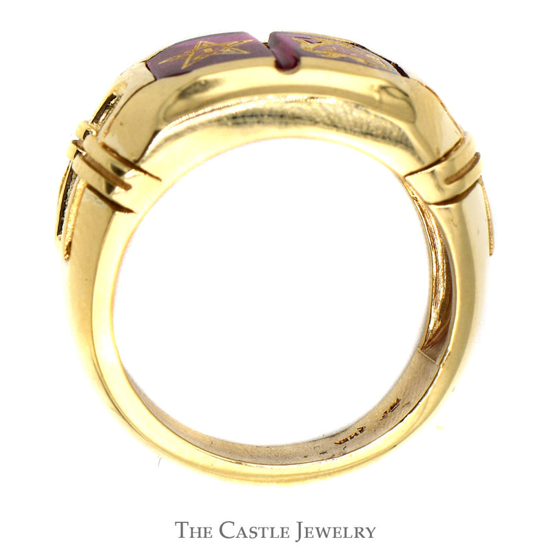 Men's Double Red Stone Masonic Ring in 10k Yellow Gold - Size 9.75
