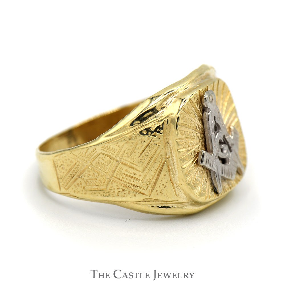 Two Tone Square & Compass Masonic Ring in 10k White and Yellow Gold