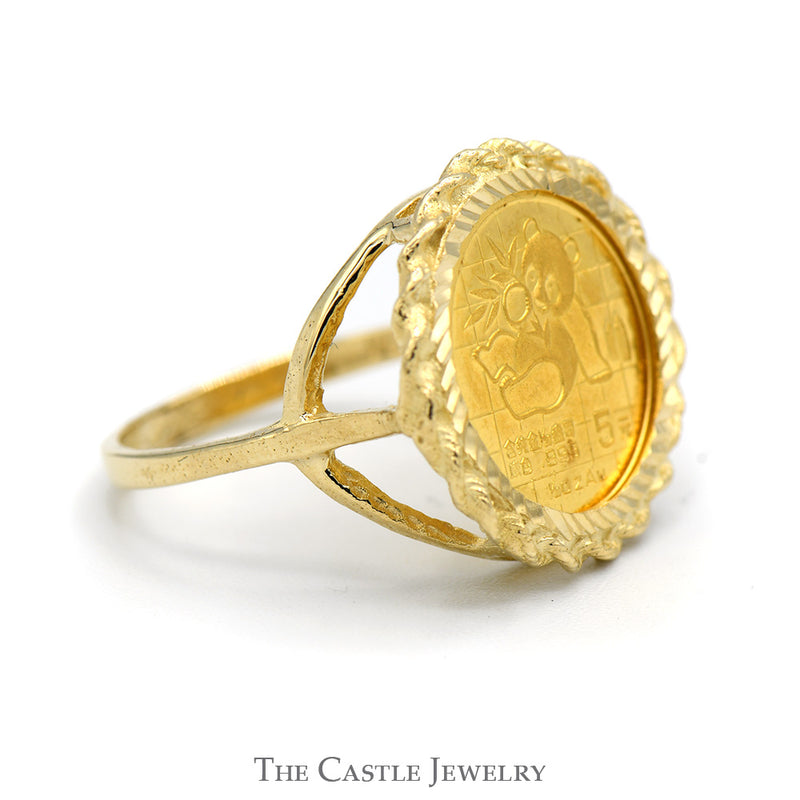 24K Gold 1989 Panda Coin Ring in 14k Yellow Gold Rope Designed Bezel Mount