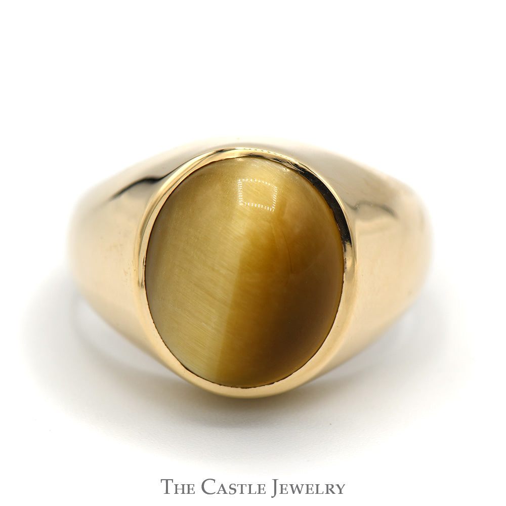 Men's Oval Cabochon Yellow Cat's Eye Dome Ring with Polished Sides in 10k Yellow Gold