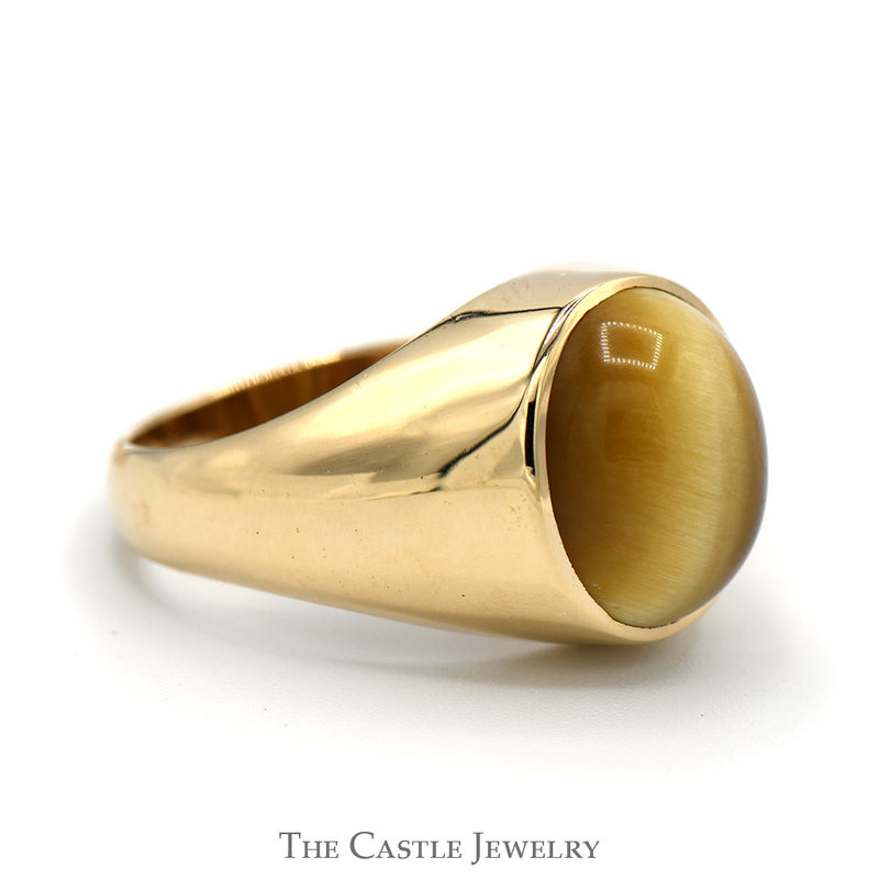 Men's Oval Cabochon Yellow Cat's Eye Dome Ring with Polished Sides in 10k Yellow Gold