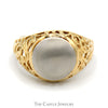 Two Tone Signet Ring with Open Filigree Designed Sides in 14k Yellow & White Gold - Thumbnail 1