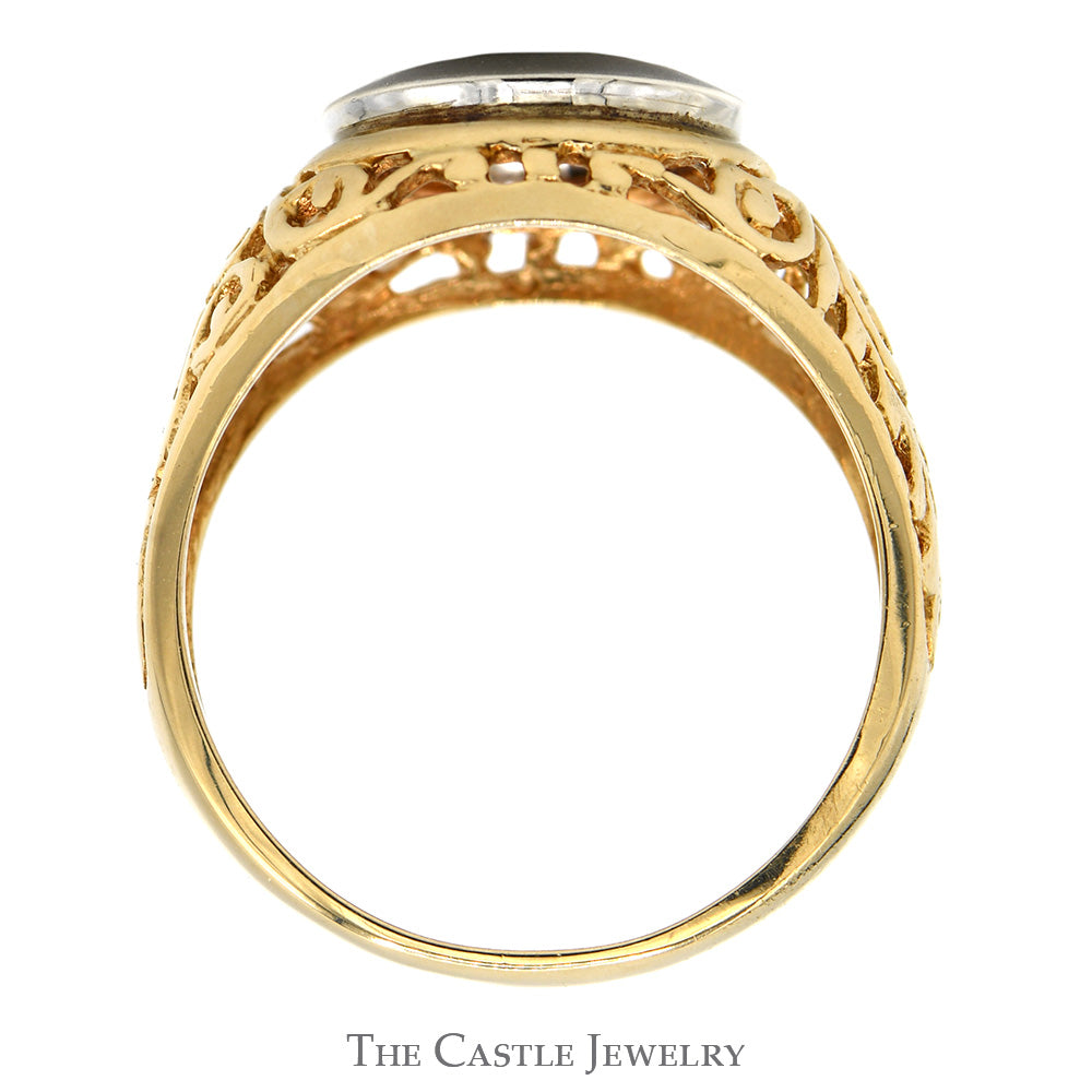Two Tone Signet Ring with Open Filigree Designed Sides in 14k Yellow & White Gold