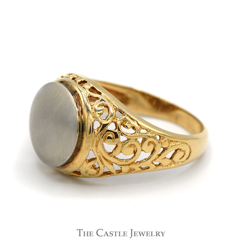 Two Tone Signet Ring with Open Filigree Designed Sides in 14k Yellow & White Gold