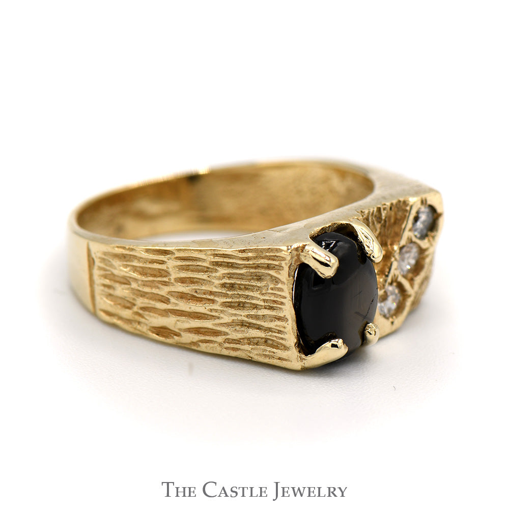 Cabochon Black Star Sapphire with Diamond Accents in 10k Yellow Gold Bark Designed Mounting