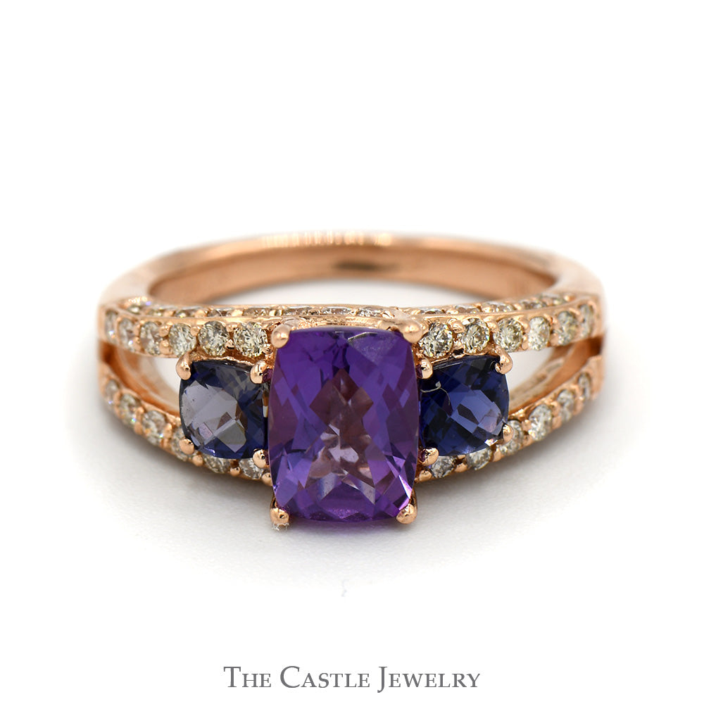 Cushion Cut Amethyst Ring with Tanzanite & Diamond Accents in 14k Rose Gold