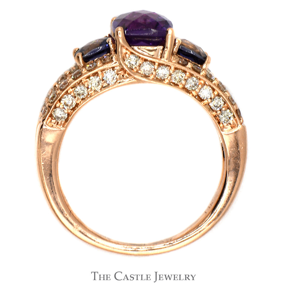 Cushion Cut Amethyst Ring with Tanzanite & Diamond Accents in 14k Rose Gold