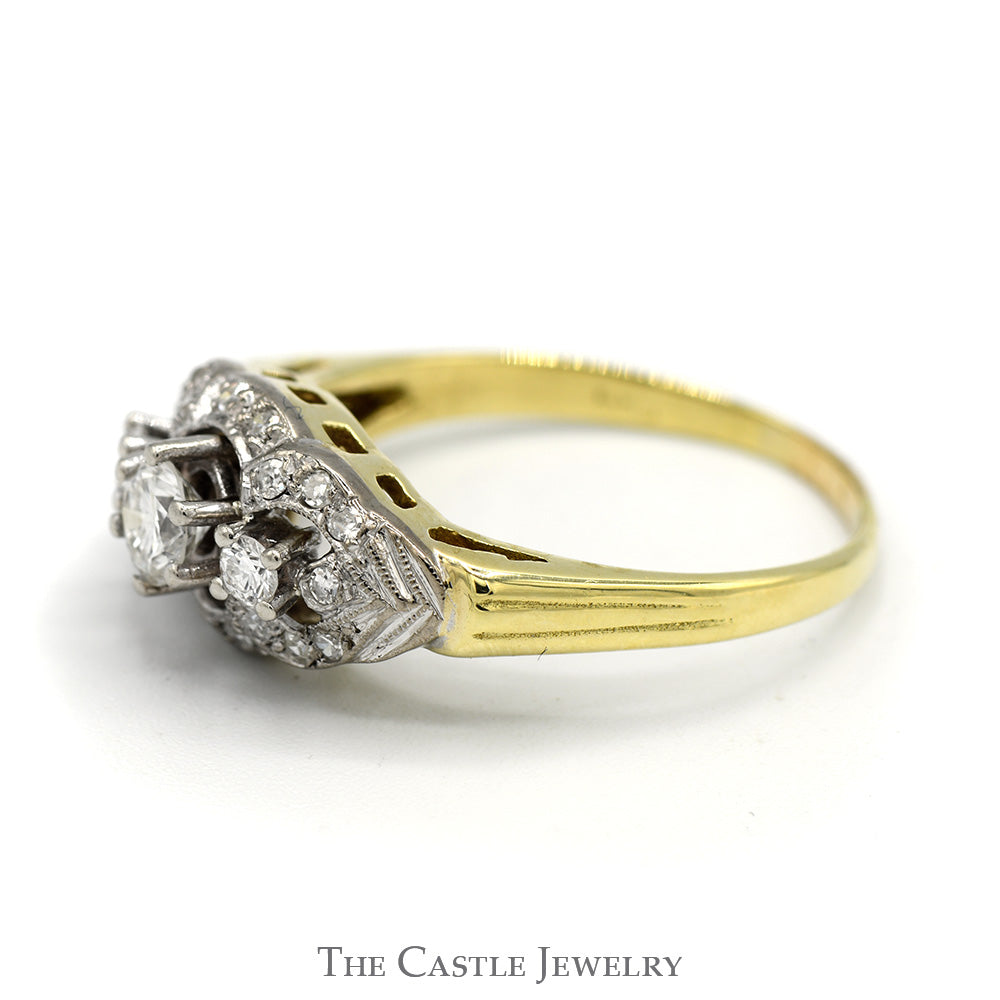 Three Stone Antique Style Diamond Ring with Diamond Accents in 14k Yellow Gold