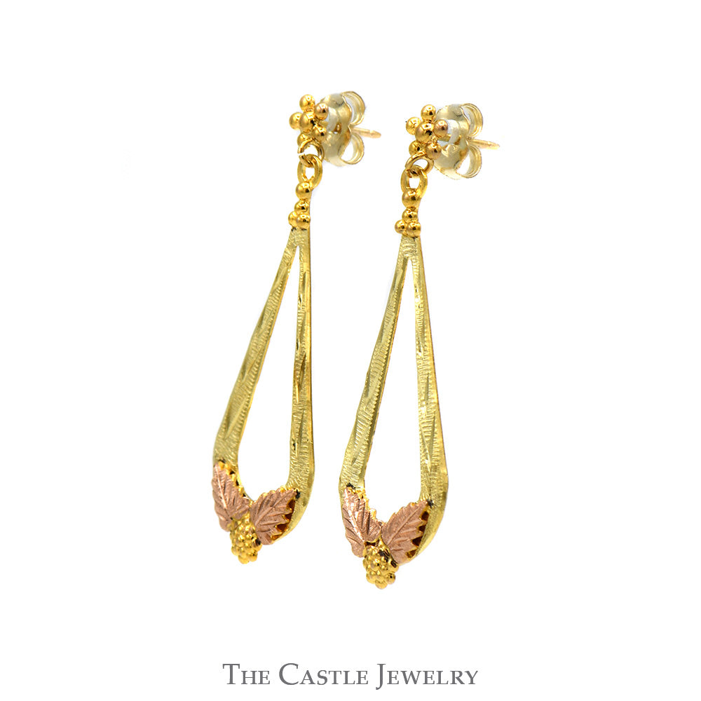 Two Tone Teardrop Shaped Drop/Dangle Earrings with Leaf Designed Accents in 10k Yellow and Rose Gold