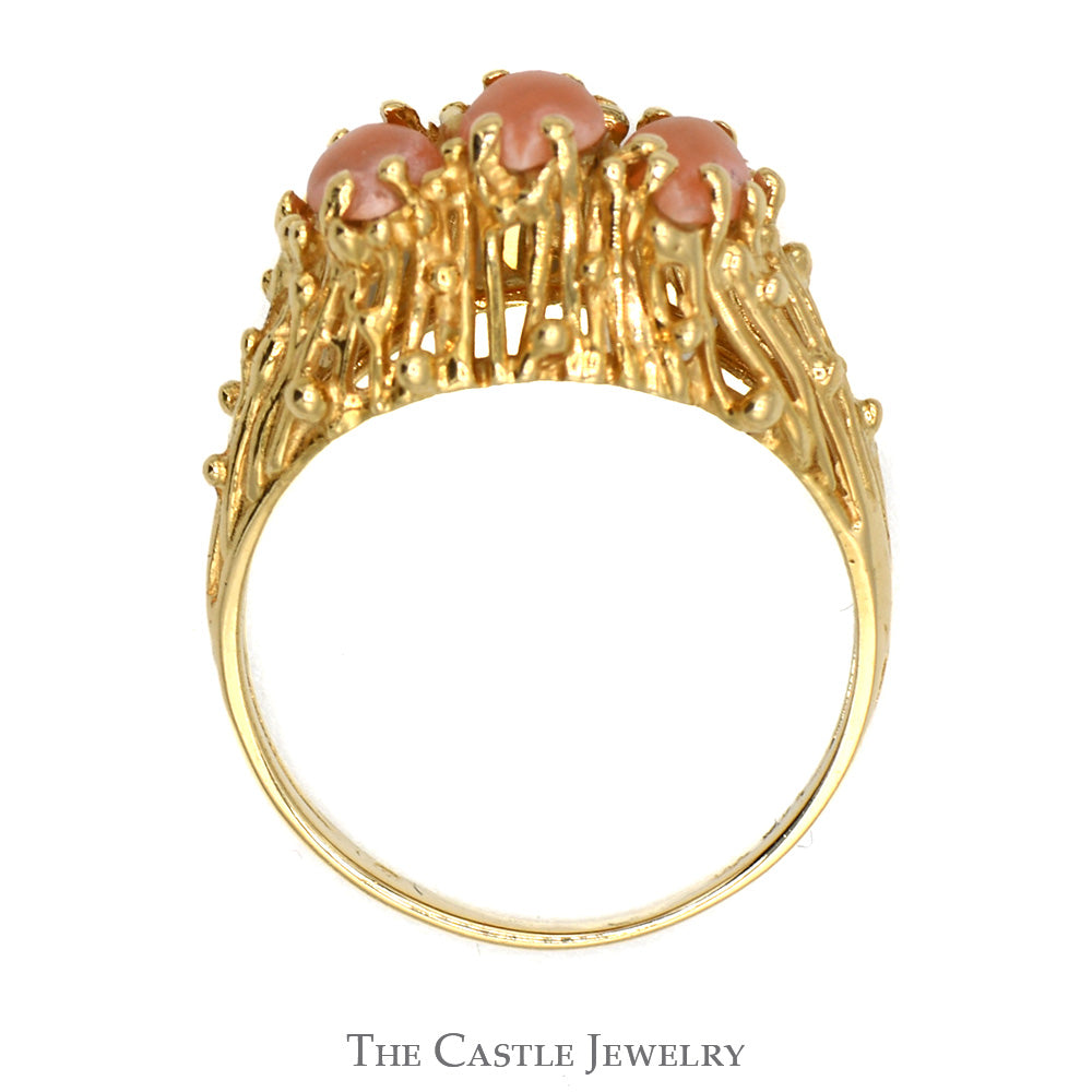 Marquise Shaped Triple Coral Ring with Open Nugget Style Setting in 14k Yellow Gold
