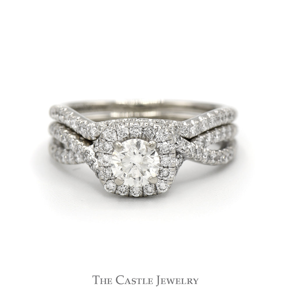 Gabriel & Co. Designer 1cttw Round Diamond Bridal Set with Diamond Halo and Matching Diamond Band in 14k White Gold Split Shank Setting
