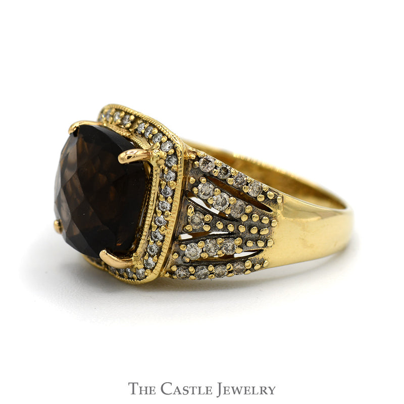 Cushion Cut Quartz Le Vian Designer Ring with Chocolate & White Diamond Accents in 14k Yellow Gold