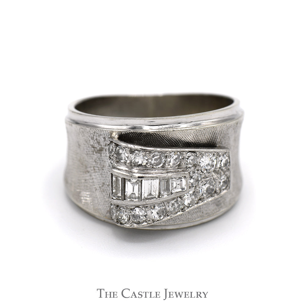 3/4cttw Baguette & Round Diamond Cluster Buckle Designed Ring in 14k White Gold Brushed Textured Band