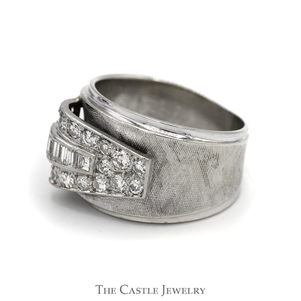 3/4cttw Baguette & Round Diamond Cluster Buckle Designed Ring in 14k White Gold Brushed Textured Band