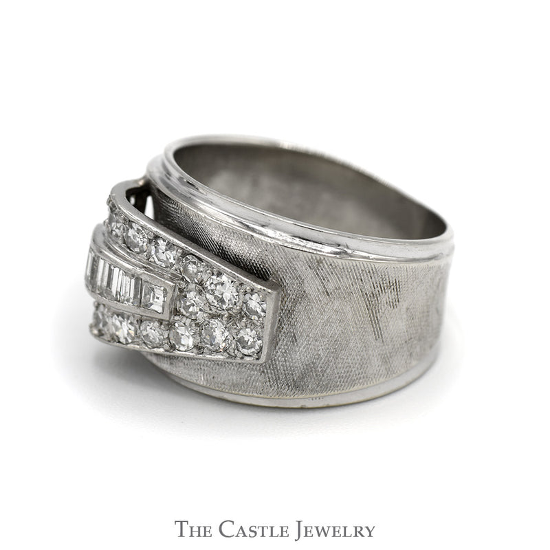 3/4cttw Baguette & Round Diamond Cluster Buckle Designed Ring in 14k White Gold Brushed Textured Band