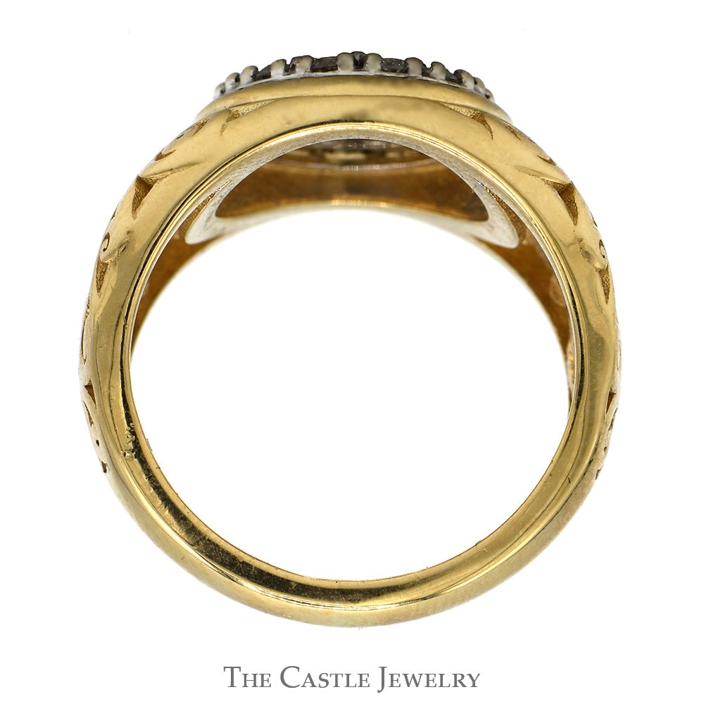 1cttw 19 Diamond Kentucky Cluster Ring with Filigree Sides in 10k Yellow Gold