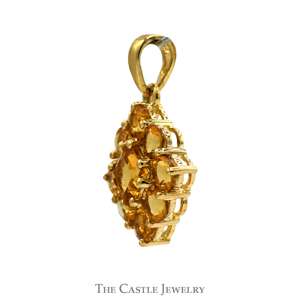 Square and Round Cut Citrine Cluster Pendant in 10k Yellow Gold