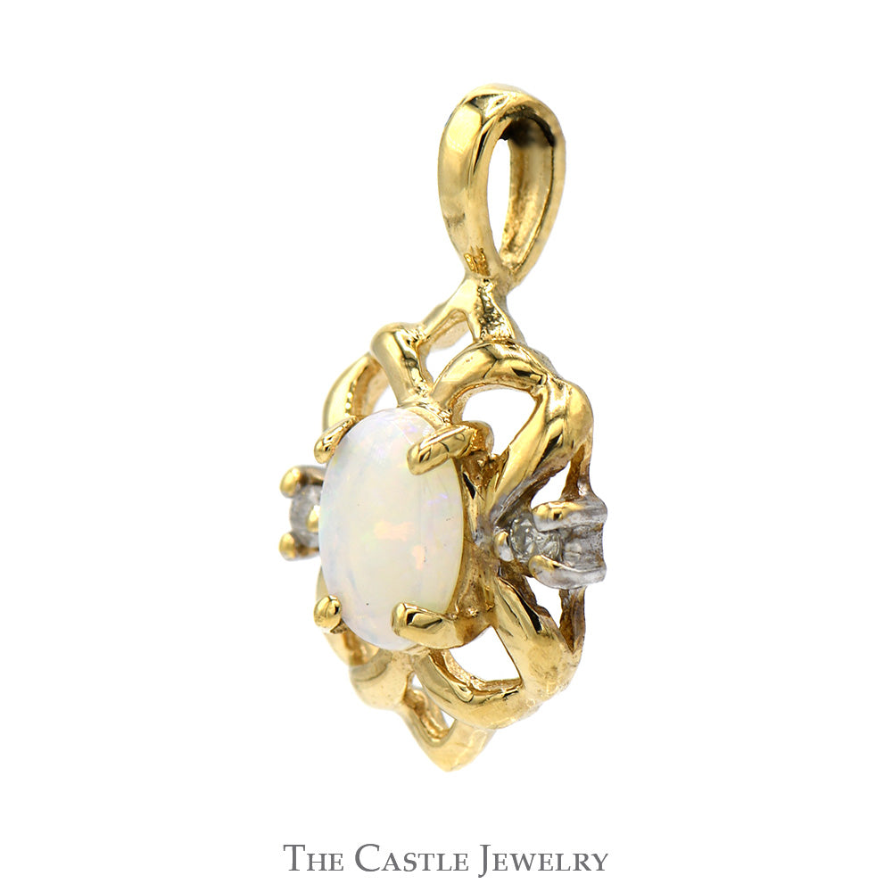 Oval Opal Pendant in 10k Yellow Gold Open Scroll Bezel with Diamond Accents