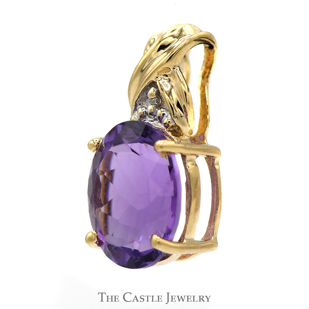 Oval Amethyst Pendant with Diamond Accents in Twisted 10k Yellow Gold Setting