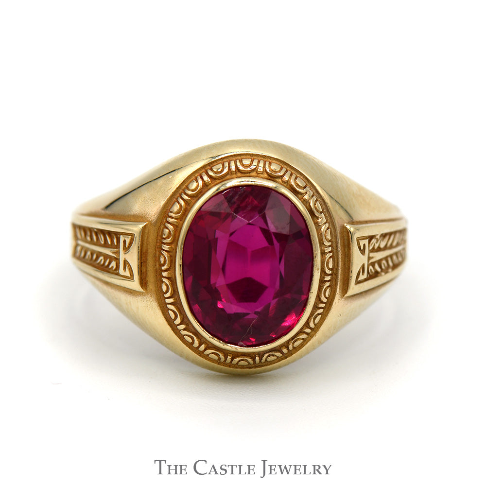 Oval Synthetic Ruby Men's Ring with Ornate Bezel and Sides in 10k Yellow Gold