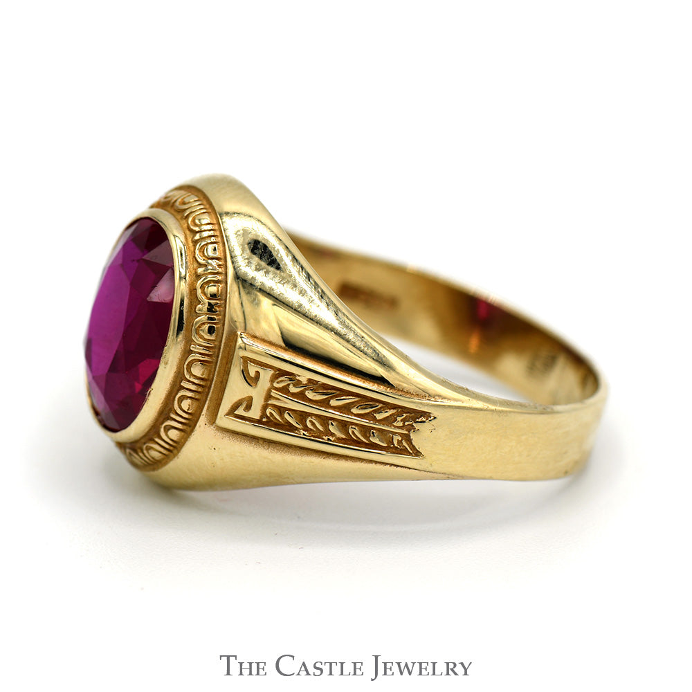 Oval Synthetic Ruby Men's Ring with Ornate Bezel and Sides in 10k Yellow Gold