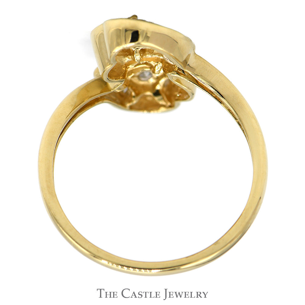 Double Heart Ring with 1/2cttw Round and Baguette Diamond Cluster in 14k Yellow Gold Bypass Setting