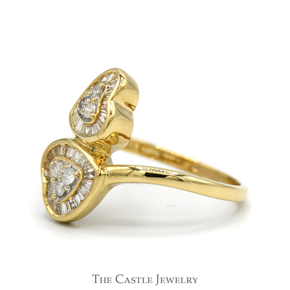 Double Heart Ring with 1/2cttw Round and Baguette Diamond Cluster in 14k Yellow Gold Bypass Setting